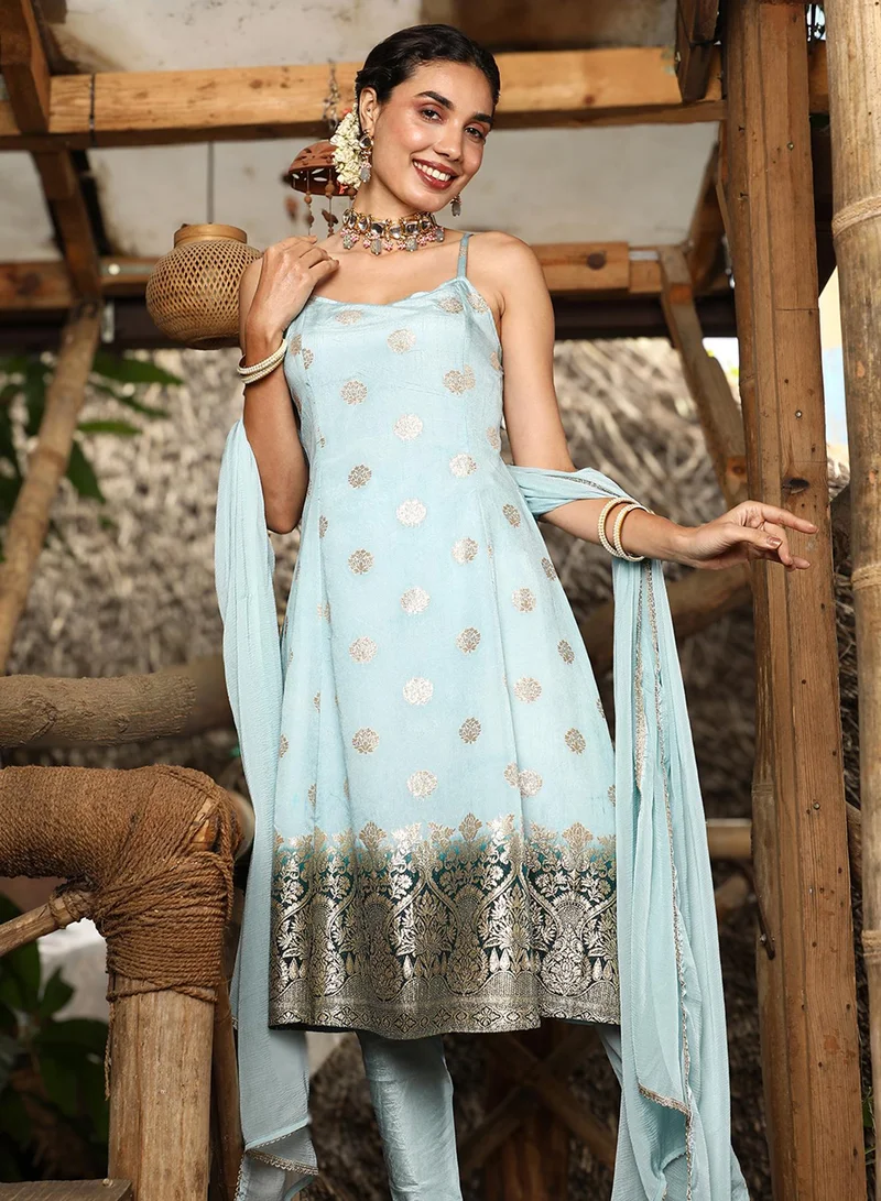  قصة Women's Powder Blue Floral Zari Anarkali Set For Casual Wear | Scoop Neck | Sleeveless | 3 Piece Kurta Set Designed With Comfort Fit For Everyday Ethnic Wear